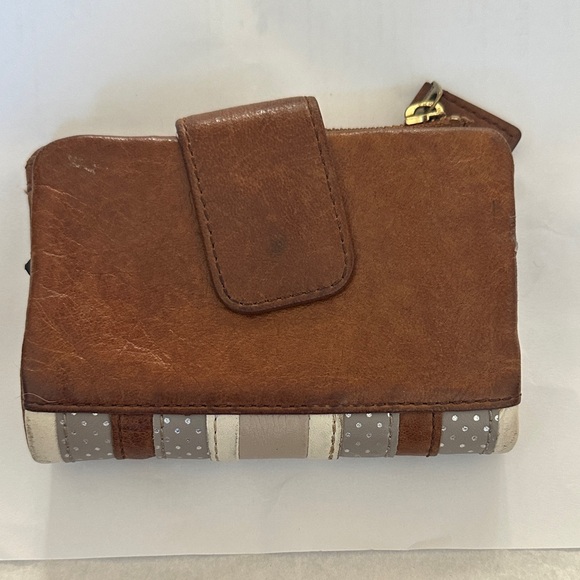Fossil Vintage Brown and Cream Striped Tri-Fold Leather Wallet - Picture 5 of 14